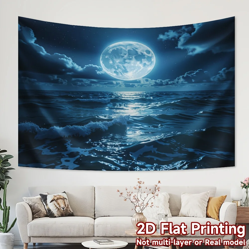 2D Flat Print 1pc Tapestry, Moon Over Sea Night Sky Wall Hanging, Ocean Wave Scenery Tapestry for Bedroom Living Room Decor
