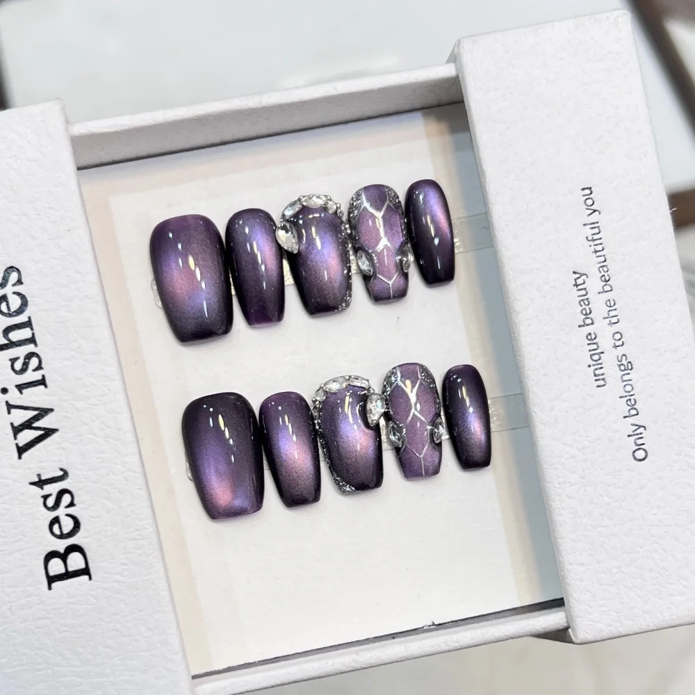 10pcs Mid-length Square Handmade False Nail Art Purple Cat's Eye Full Cover Nail Tip Reusable Diamond Design Press on Fake Nails