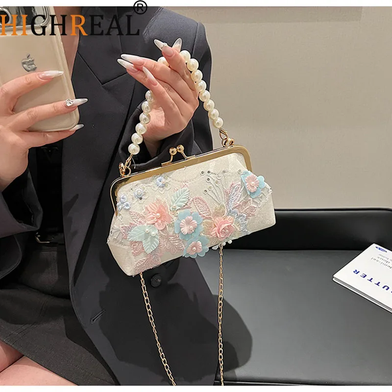 

New Classic Lace Bag Pearl Evening Bags Wedding Shell Lock Bags Women Shoulder Crossbody Bag Chain Women's Handbags Purses