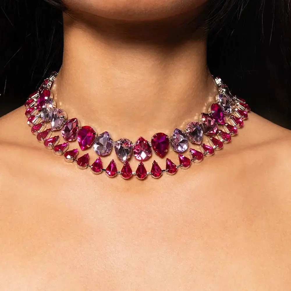 

2 Pcs Fashion Crystal Choker Necklace Statements Wedding Jewelry Elegant Pink Water Drop Clavicle Chain Choker for Women Gift