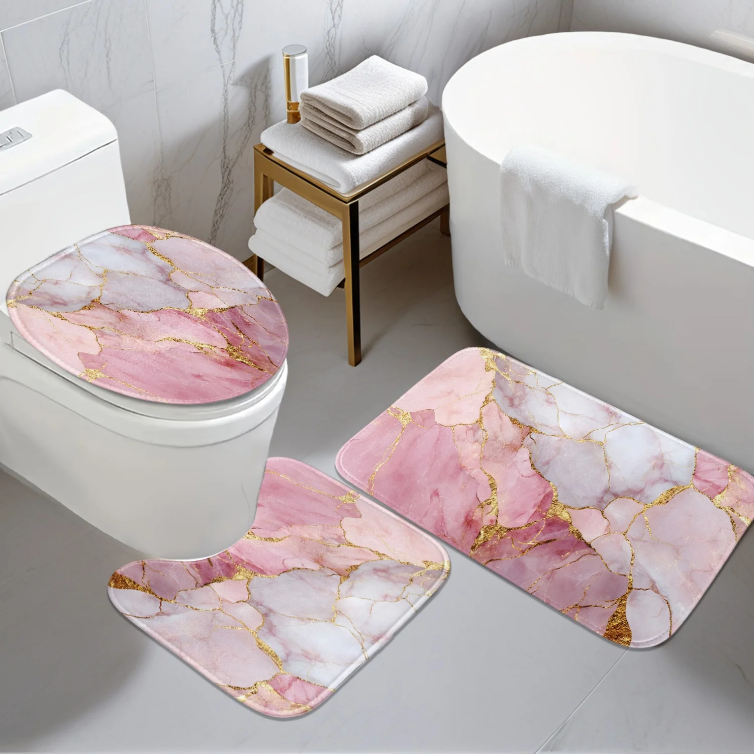 

Набор из 3 предметов из мрамора с рисунком золотой линии, U-образный коврик, нескользящий коврик, коврик для крышки унитаза, подходит для украшения ванной комнаты.