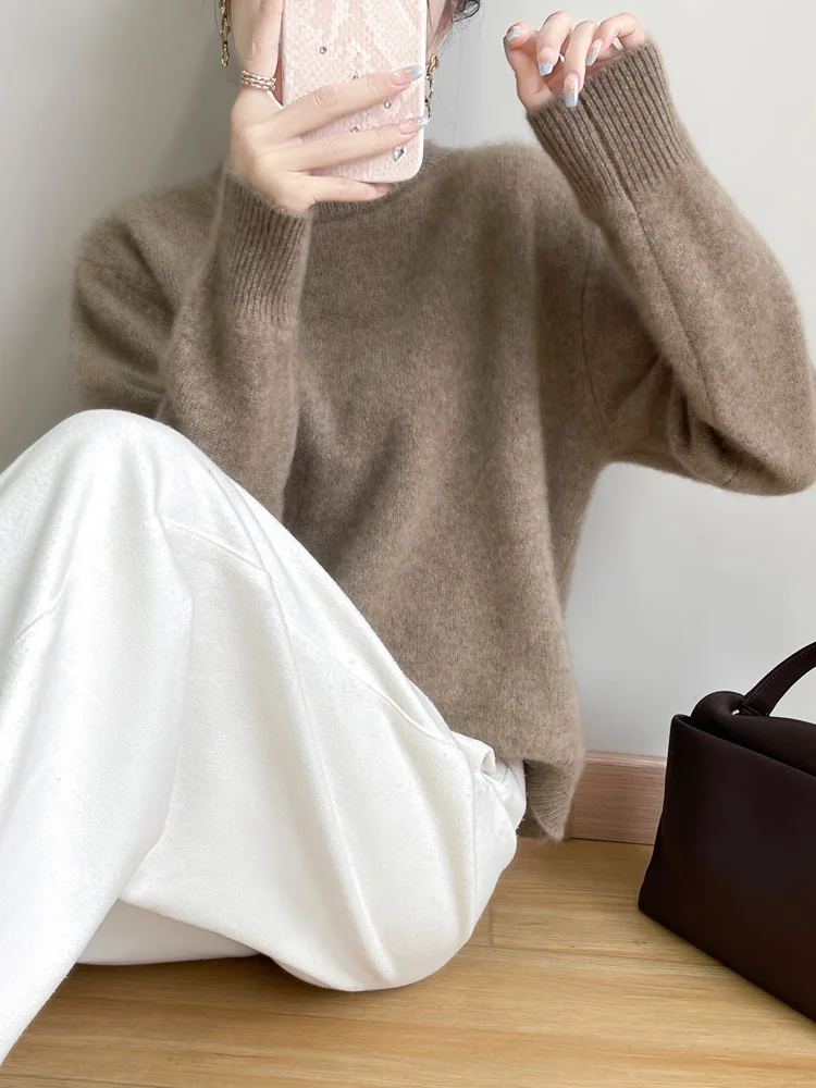 

Classic Autumn Winter Women Sweater 100% Merino Wool Elegant Female Knitted Pullover Loose Long Sleeve O-Neck Lady Clothing Tops