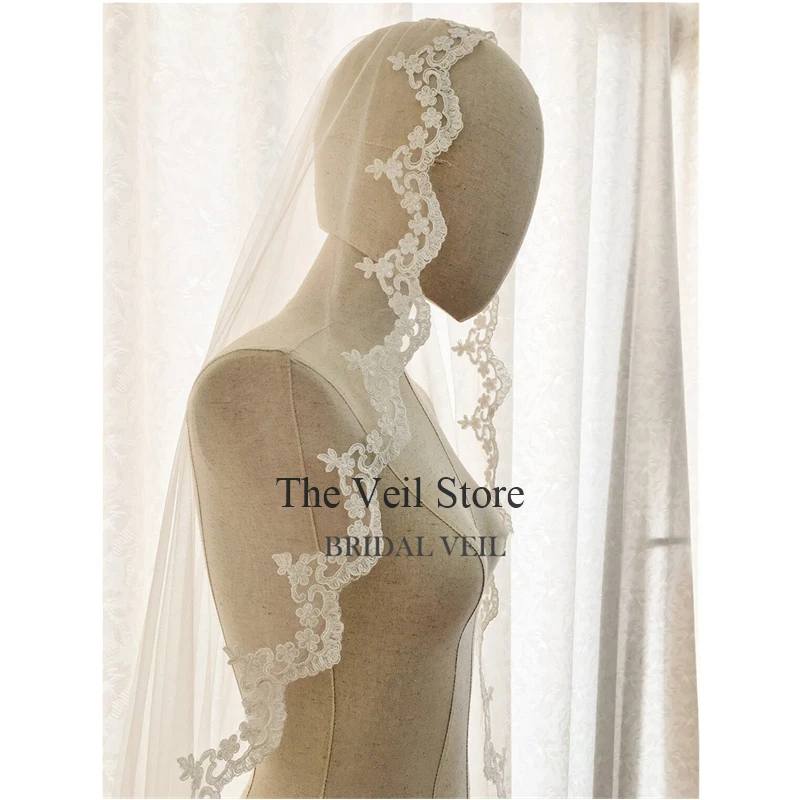 Mantilla  Lace With Bones Bridal Wedding Chantilly Veils Catholic Long Cathedral Ivory Tulle Trim With Blusher For Brides Short