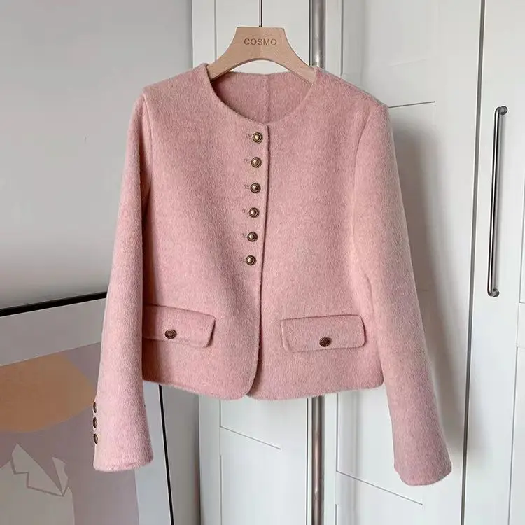 

Новое модное женское двустороннее шерстяное пальто с 6 пуговицами в иностранном стиле, высококачественное шерстяное нейлоновое короткое пальто с белым воротником на открытом воздухе