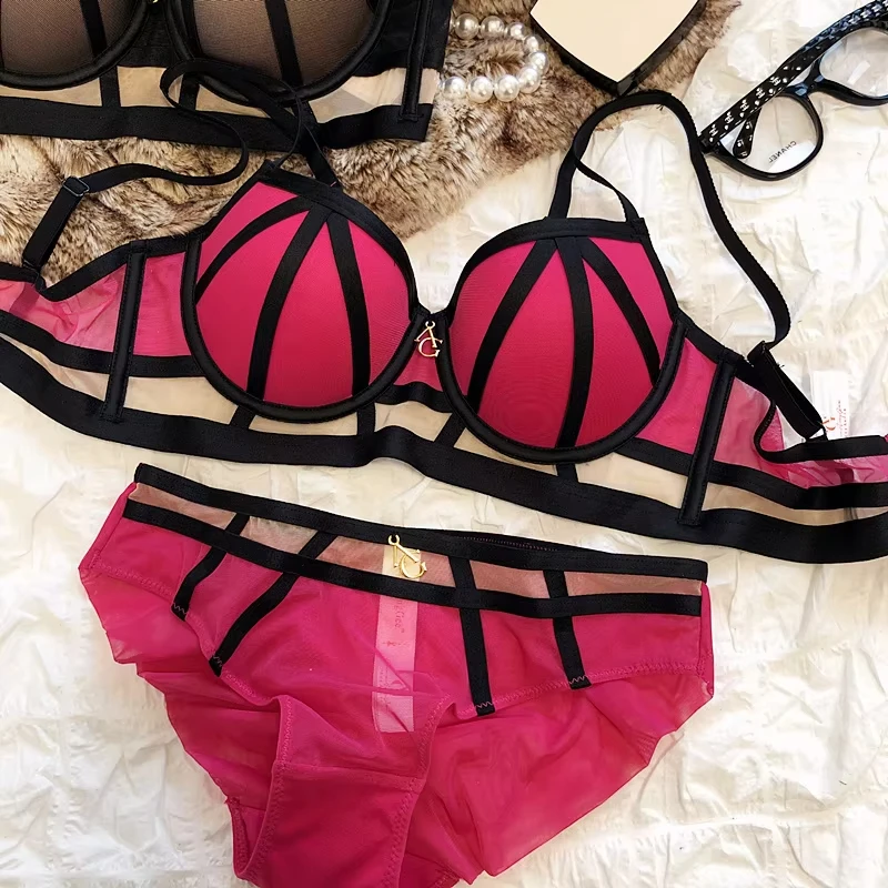 

2 Pieces Women's Sexy Bandage Bra Set Europe Underwear Lace Hollow Push Up Brassiere Romantic Rose Bras and Panties Lingerie Set