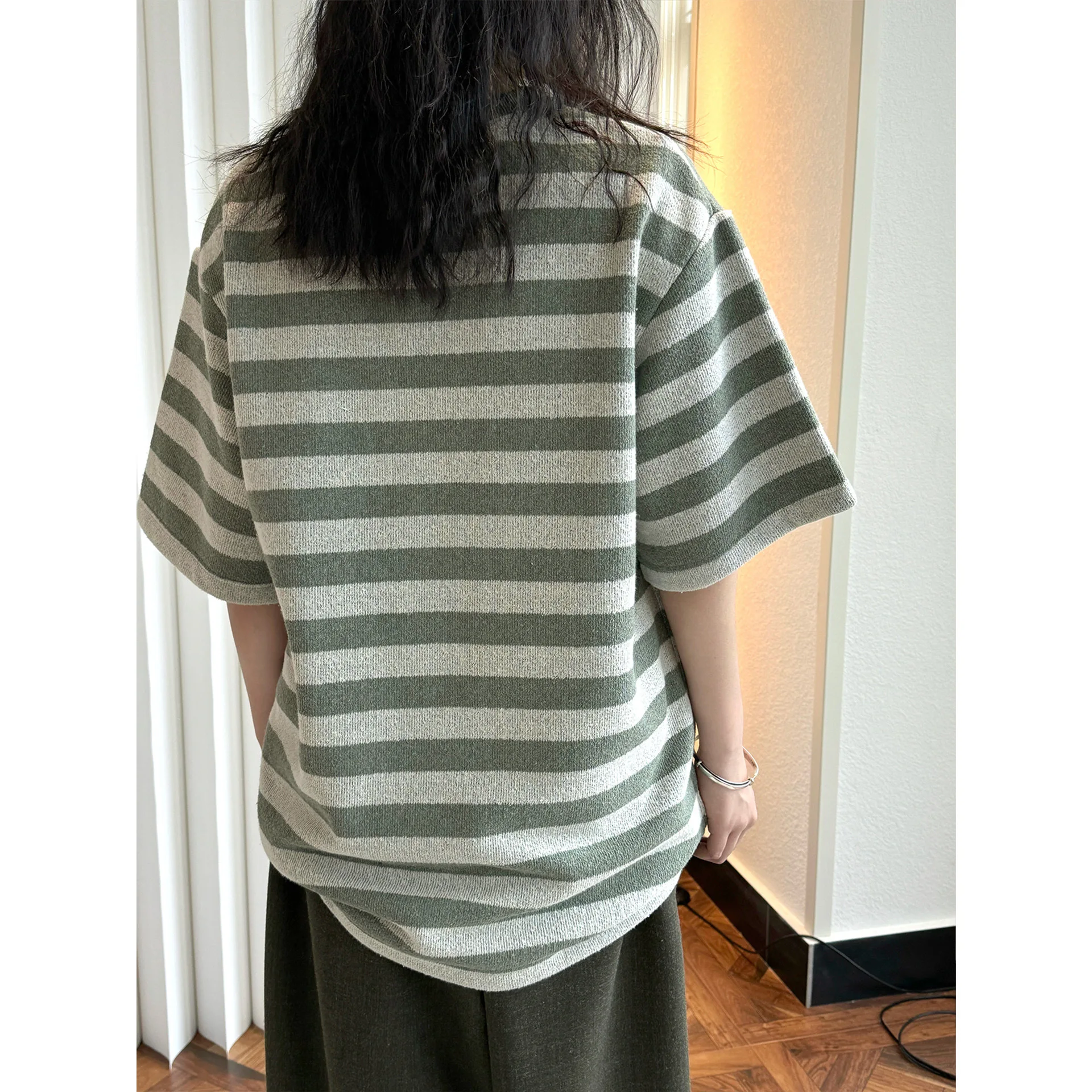 Spring Green Striped Short Sleeved T-shirt Casual Silhouette Top For Women