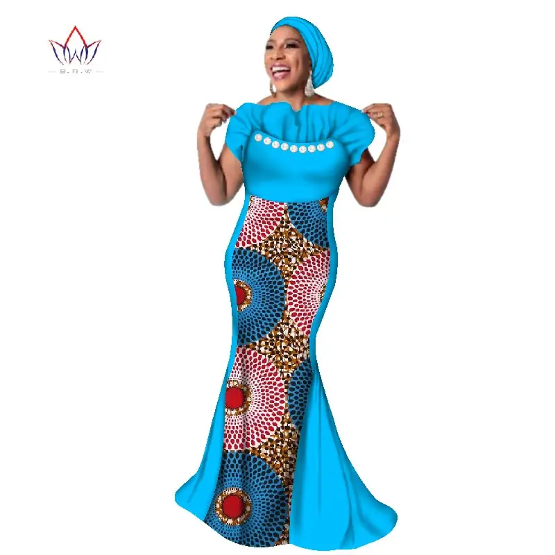 Ladies African Dashiki Mermaid Dress Matching Head Scarf Off Shoulder Beaded Spliced Wax Print Floor Length Party Dress