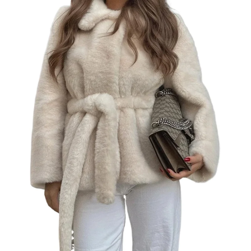 Damesmode nepbontjassen met riem Casual revers Lange mouw Overjas Effen enkele rij knopen Vrouwelijke bontjas Jasje