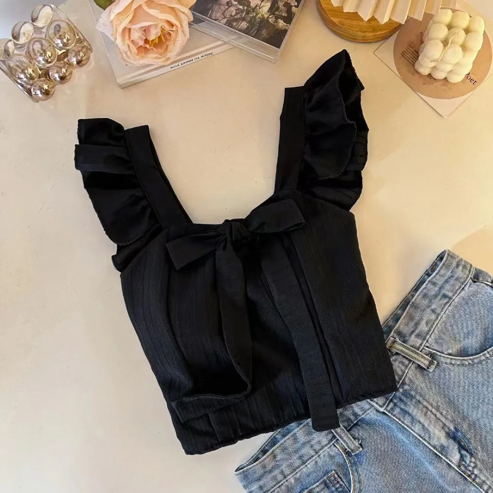 Summer Bowknot Ruffle Square Collar Top Cute Sweet Pleated Top Sleeveless Doll Shirt