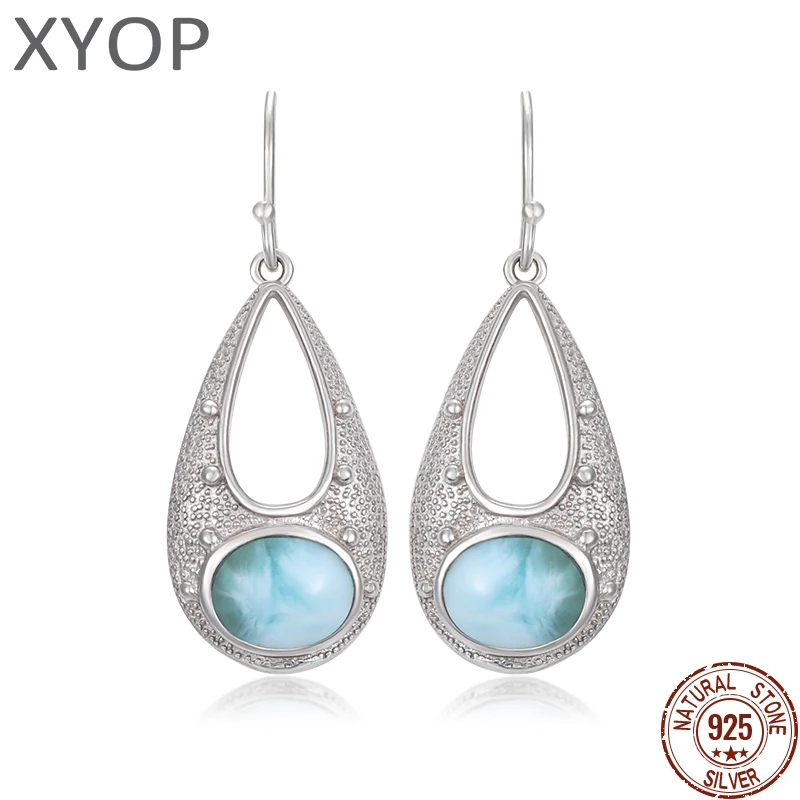 925 Sterling Silver Jewelry for Women Larimar Earring New Fashion Natural Precious Texture Restoring Ancient Ways Rhodium Plated