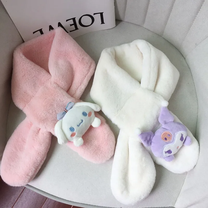 

Sanrio Kawaii плюшевый детский шарф Kuromi с милым рисунком My Melody Cinnamoroll, зимние мягкие утолщенные детские шарфы, подарки для девочек