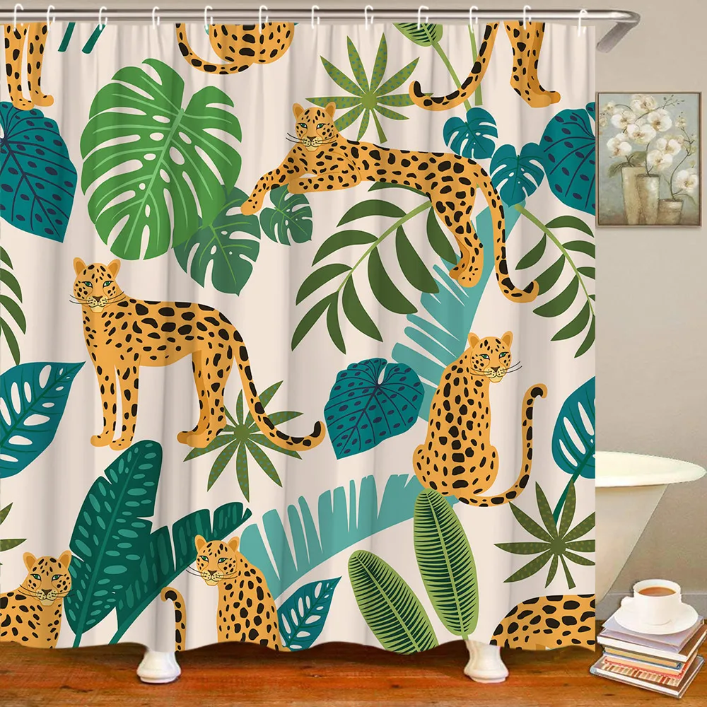 Tropical Leopard Shower Curtain Botanical Palm Leaf Bohemian Monster Jungle Wildlife Polyester Fabric Bathroom Decor Curtain Set