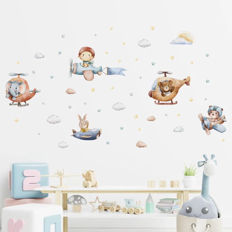 Cartoon Cute Bear Elephant Airplane Star Animal Wall Stickers Removable for Bedroom Living Room Nursery Decoration Wall Decal