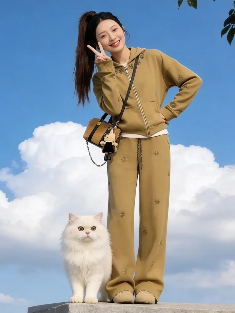 

Retro Chic Women's Winter Faion Set High Collar Zipper Top Diamond Embellied Wide Leg Pants Two Piece Cozy Sle