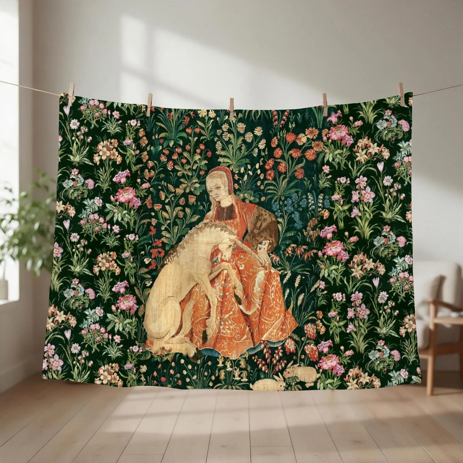 LADY AND UNICORN AMONG FLOWERS ,HARES,Red Green Floral Throw Blanket Summer Hairy Kid'S Thins Blankets
