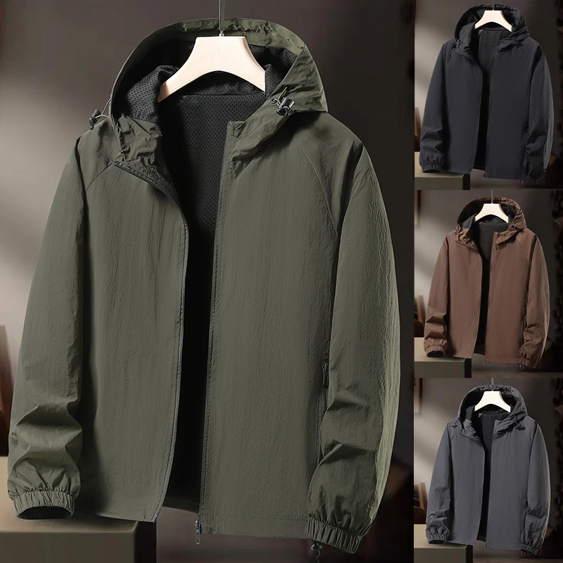 Plus Size Men Lightweight Hooded Jacket Zip‑Up Adjustable Hood Elastic Cuff Wind‑Resistant Loose Casual Daily Hiking Travel Oute