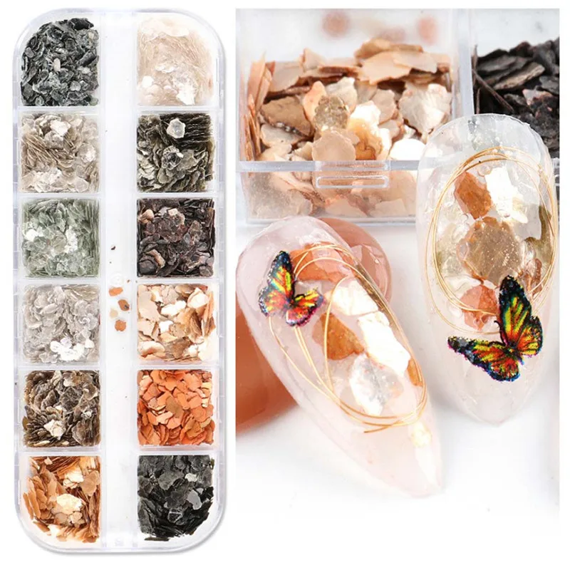 12 Grids/Set Irregular Nails Abalone Shell Slice Natural Sea Shell Stone Fragment Polish DIY Manicure Paillette Decorations