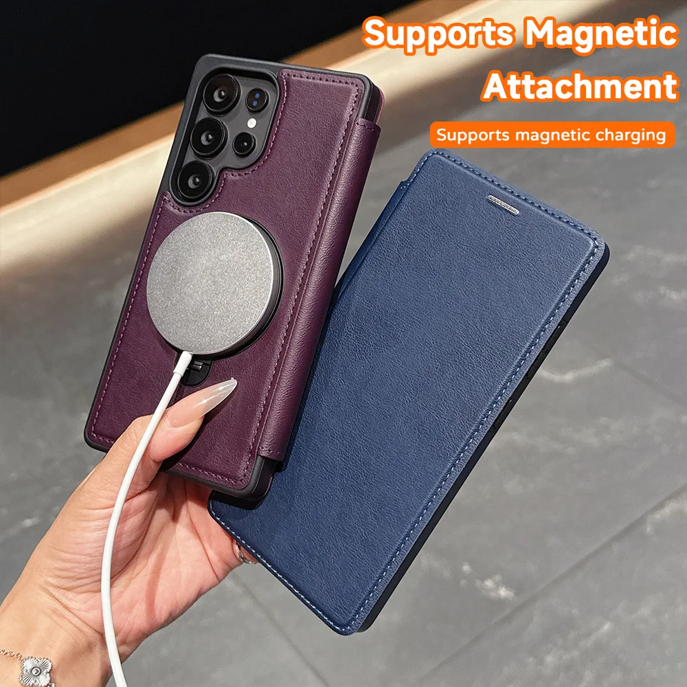 Flip Magnetic PU Leather Case for Samsung Galaxy S26 S25 S24 Ultra Plus FE Edge A57 A55 Card Slots 360°Rotatable Ring Kickstand