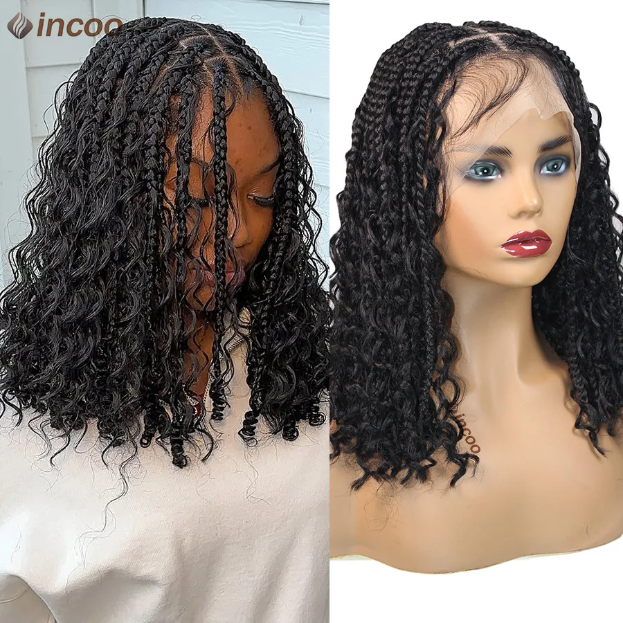 

Synthetic Goddess Boho Braided Wigs With Curly Ends Knotless Cornrows Braids For Women Short Bob Full Lace Braids Wig Box Braids