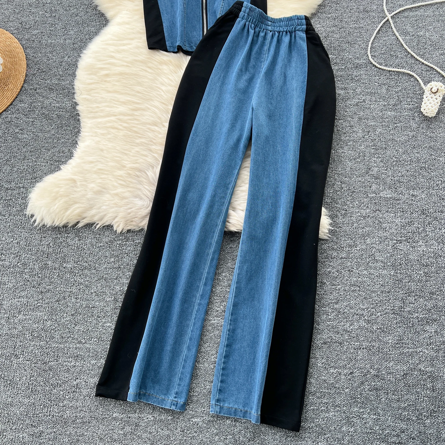 Casual Pant Sets Denim Splicing 2 Pieces Set Summer Polo Collar Zipper Tops + High Waist Wide Leg Trousers Women Clothing Suit