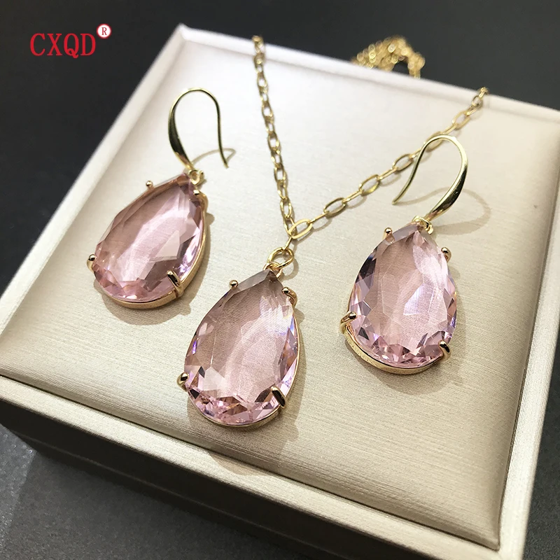 Colorful Clear Water Drop Glass Pendant Necklace for Women Stainless Steel Chain Fashion Charm Earrings Jewelry Accessories Sets