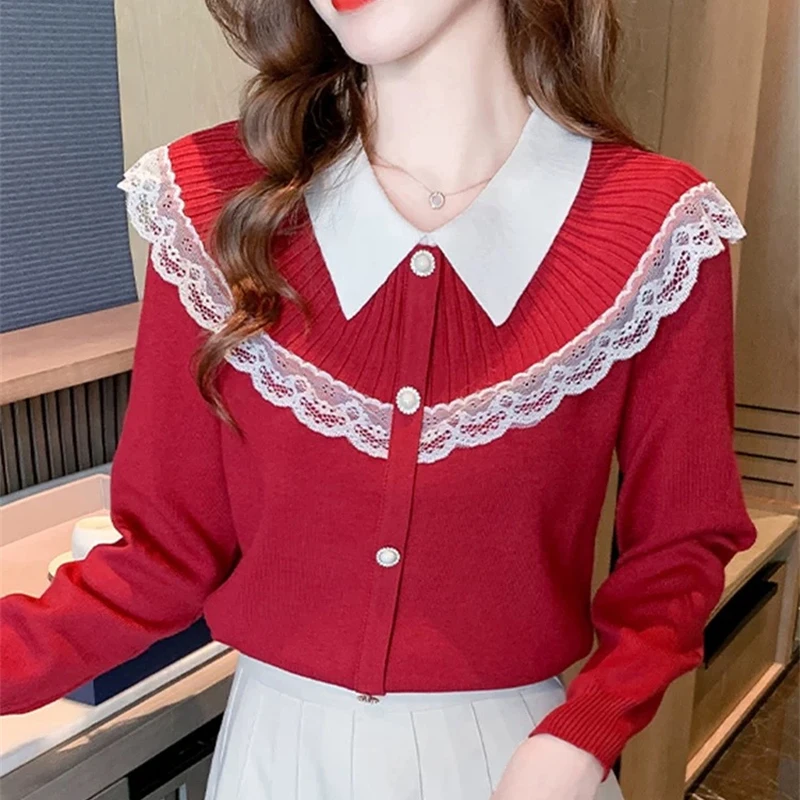 

Осень-зима 2022, новые корейские модные топы, женские кружевные лоскутные пуловеры, свитер с длинными рукавами, вязаные свитера, женские