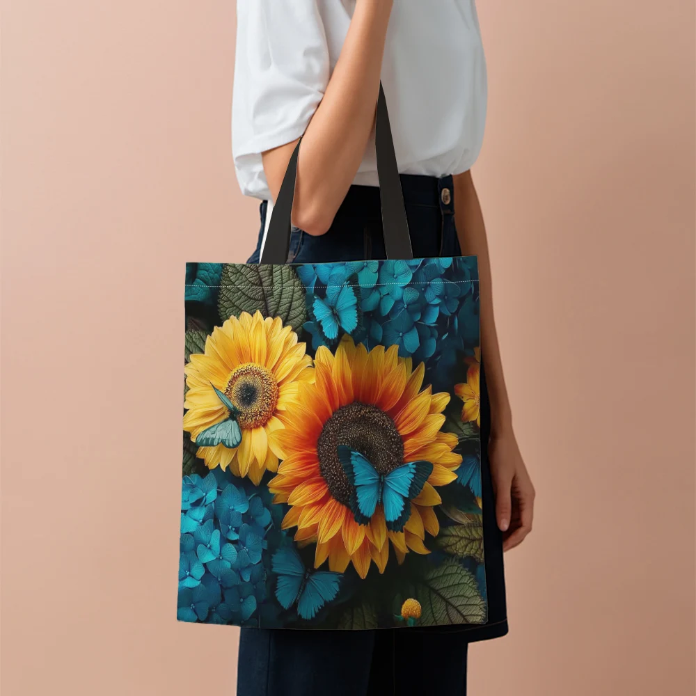 

1pc, Hot selling shopping bags vibrant butterflies and sunflowers 100% polyester New Year Gift Perfect for Portable storage