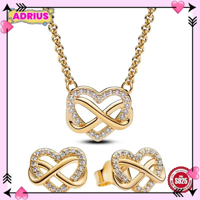 

Authentic 925 Sterling Silver Golden Shine Sparkling Infinity Heart Earring Necklace With Crystal For Women Jewelry Set Gift