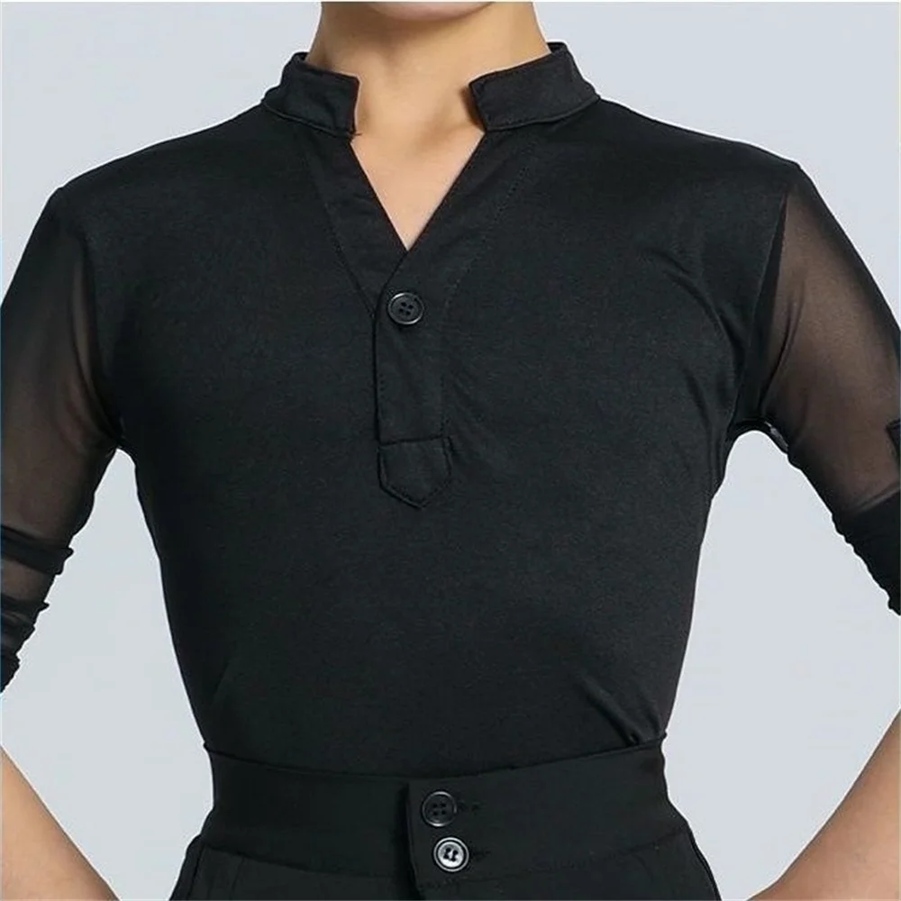 Camisa de Dança Latina Infantil com Manga de Tela Preta para Meninos; Traje de Performance de Dança Moderna Infantil; Camisa de Dança Cha Cha; Rumba