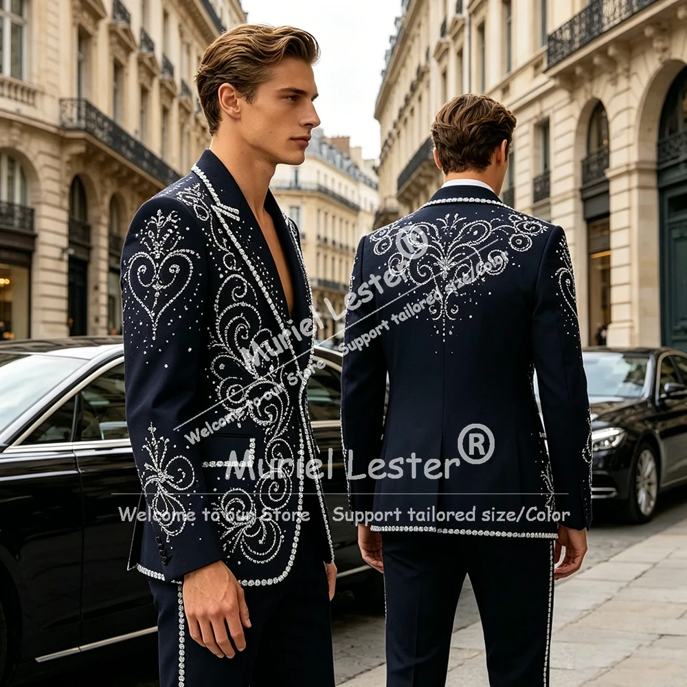 

Unique Design Men's Suit Customized Peaked Lapel Groom Party Male Blazers 2 Piece Sets Rhinestone Tuxedos Wedding Costume Homme