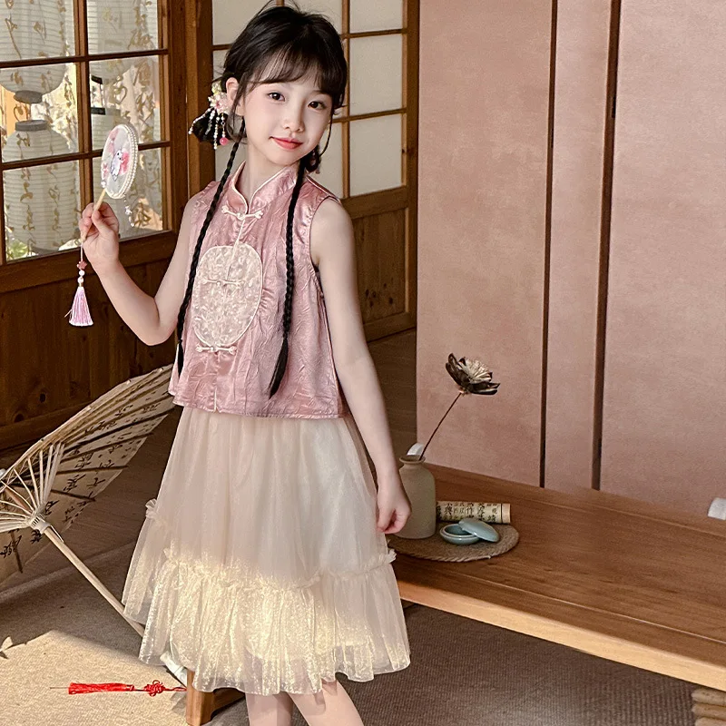 

Girls Suit 2024 Spring New Children New Chinese Waistcoat Jacket Half Gauze Skirt National Style Two-piece Set Clothes