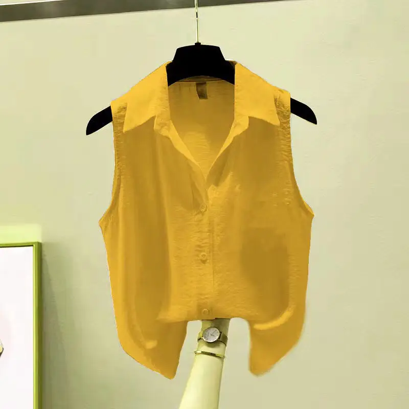 

Summer Solid Color Sleeveless Chiffon Crepe Shirt Women Blouses Fashion White Yellow Button Up Shirts Office Ladies Basic Top