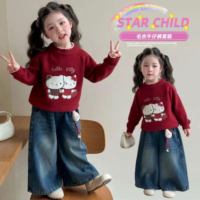 

Свитер Kawaii для девочек «Hello Kitty», осень/зима 2025, новые детские модные джинсы с героями мультфильмов аниме, милый и удобный мягкий комплект