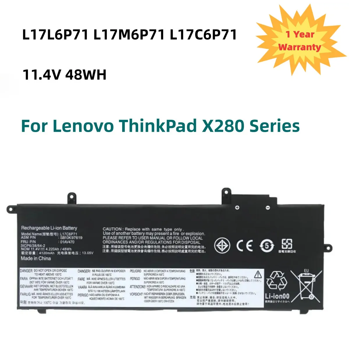 L17L6P71 Laptop Battery For Lenovo ThinkPad X280 Series L17M6P71 L17C6P71 01AV470 01AV471 01AV472 SB10K97617 11.4V 48WH