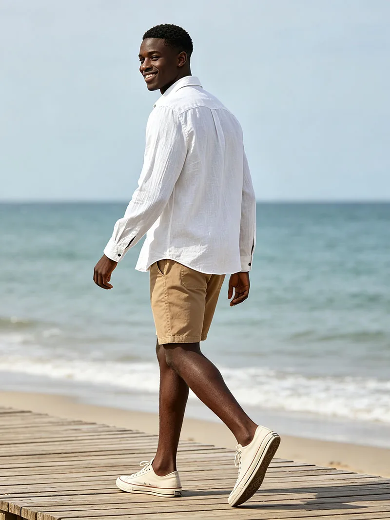 Herren-Leinenhemd für Frühling und Herbst, lässiges Langarmhemd mit Knöpfen, lockerer Schnitt, strukturierte Oberseite, leichtes Resort-Outfit für Herren – Detail 14