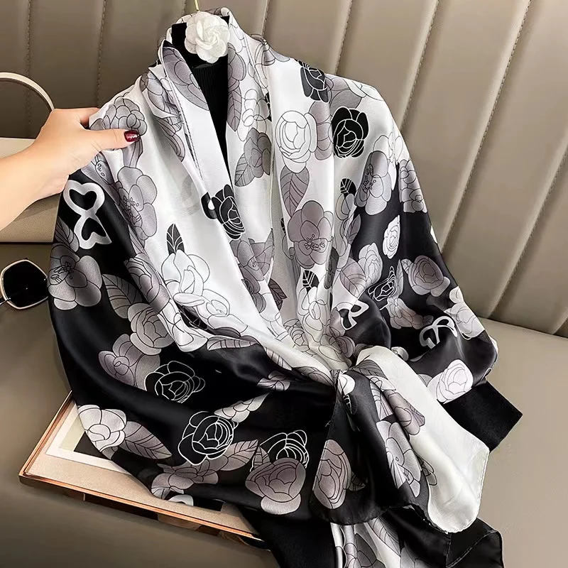 Women Silk Winter Scarf Luxury Design Print Lady Beach Shawl Scarves Fashion Smooth Foulard Female Hijab 90x180cm