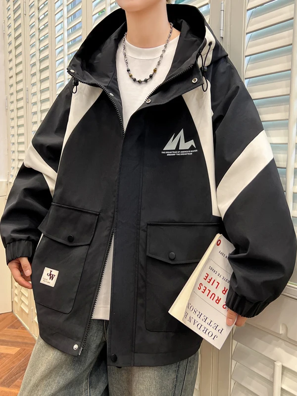 

Повседневная мужская рабочая куртка на весну-осень, свободного кроя, с капюшоном, молодежная, из полиэстера, с длинными рукавами, на молнии