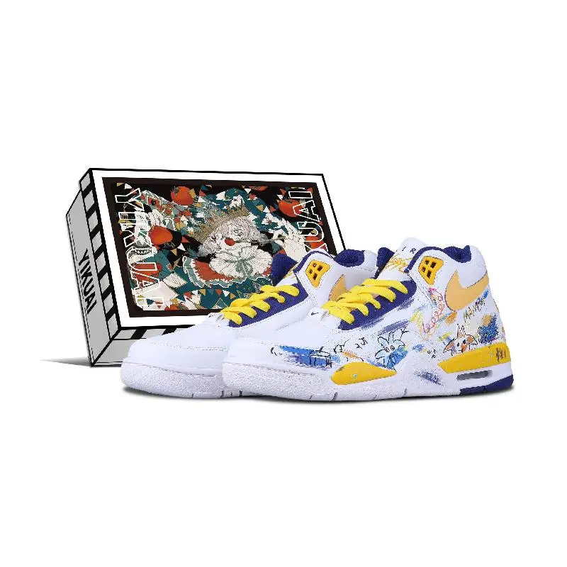 【Aanpassen】Nike Flight Legacy Vintage Basketbalschoenen Heren Mid-top Geel/blauw/oranje Sneakers schoenen BQ4212-102