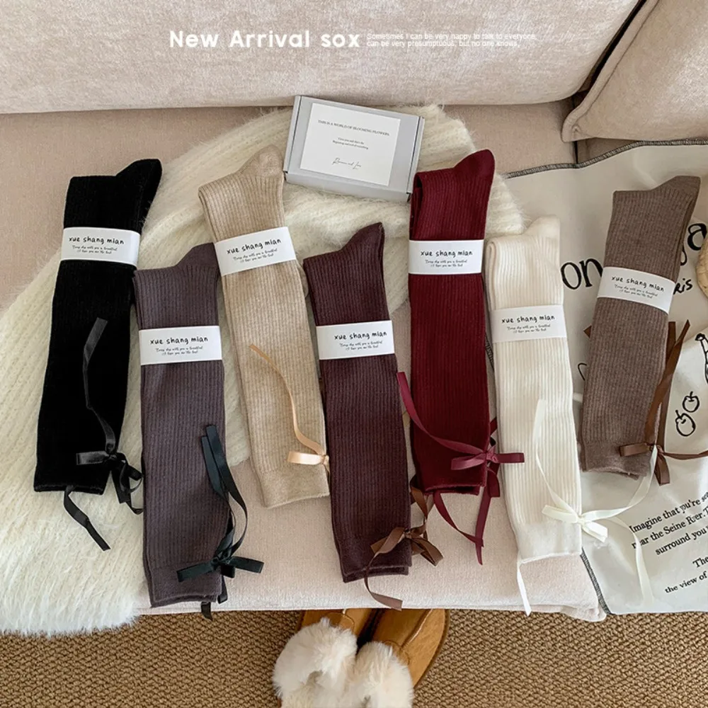 New Solid Color Lolita Bow ribbon Socks Thicken Winter Warm Knitted Leg Warmers Breathable Knee High Boot Stockings