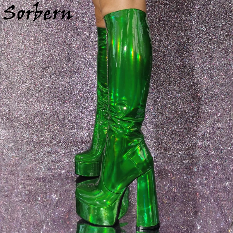 Sorbern Custom Holo Green Boots Women Knee High Chunky Heels 15Cm Cosplay Drag Queen Shoes Visible Platform Shoes Zip Up