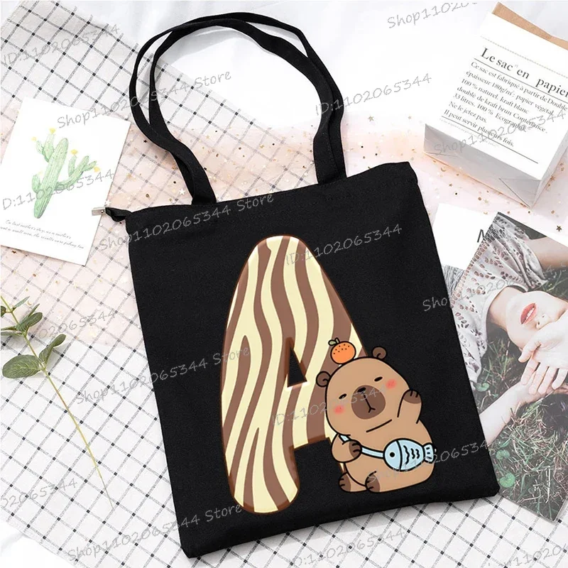 Tote Bag with Cartoon Capybara Alphabet A-Z Reusable Leisure Handbag Y2K Surname First Letter Shoulder Bag Woemn Shopping Bag