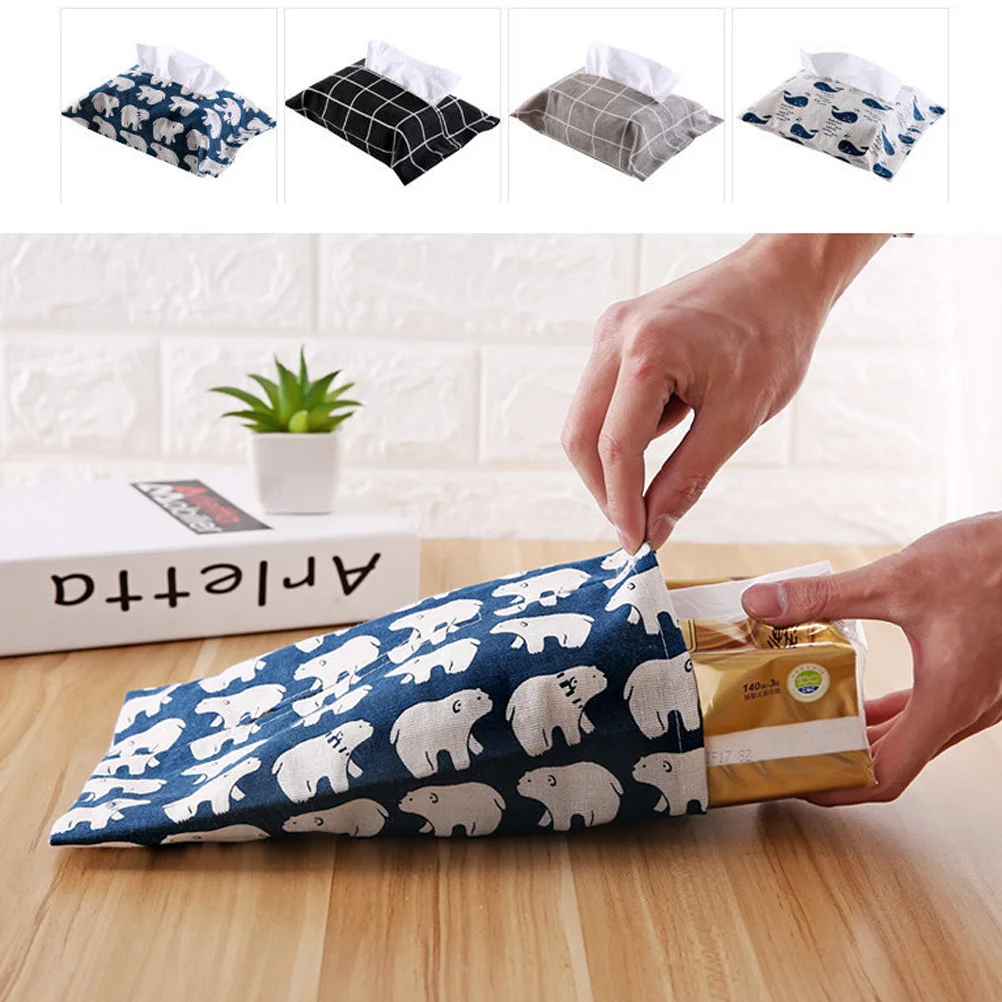 

4 pcs Tissue Box Cotton Linen Fabric Paper Holder Foldable Napkin Storage Container For Home Office Hotel Use Black Bottom