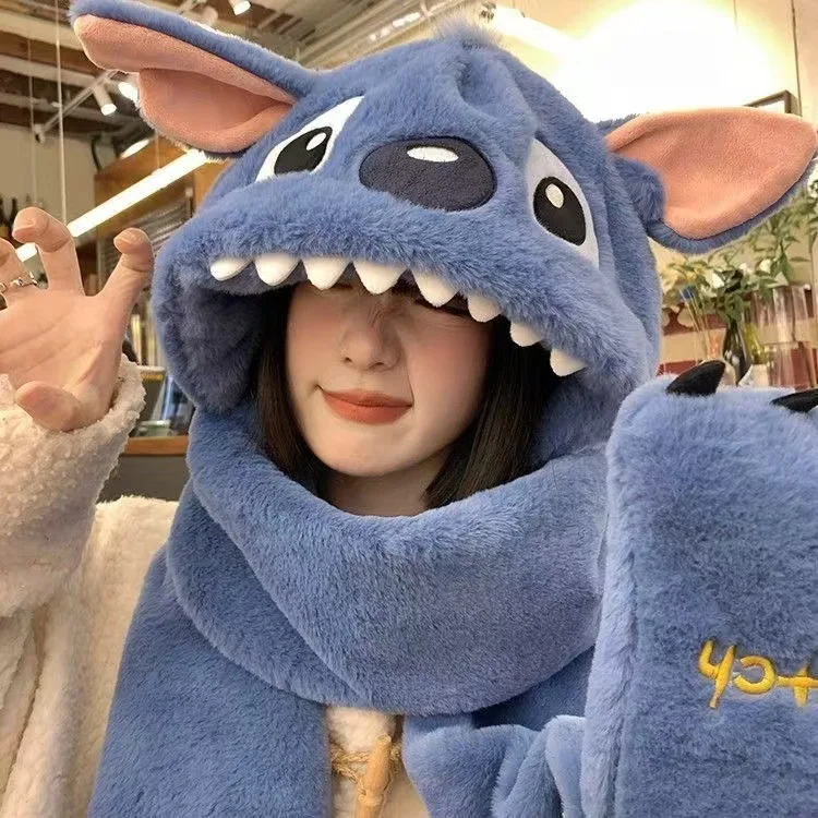 

Miniso cute cartoon hat scarf integrated in one winter new scarf thickened warm gloves three-piece set Stilt same style