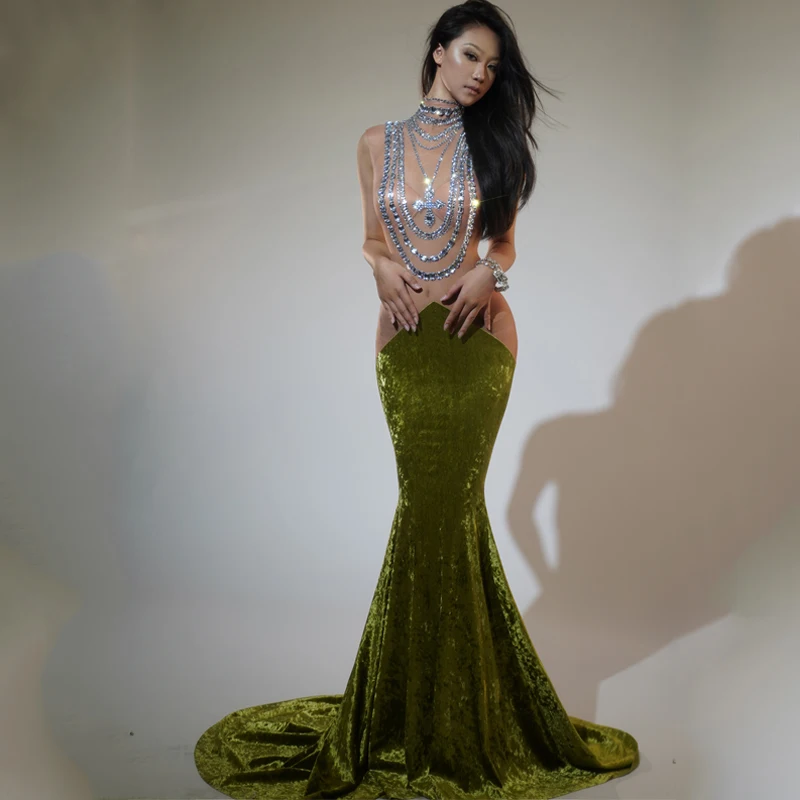Rot Grün Mesh Samt Patchwork Schleppendes Kleid Frauen Sänger Strass Gogo Kostüm Bühne Laufsteg Outfit Festival Tragen XS8712