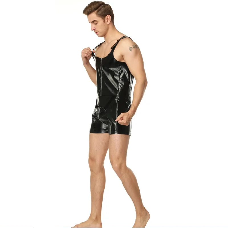 Leather Men Bib Shorts Sexy Bodysuit Black Wetlook Jumpsuit Hot Male Adult Costumes Erotic Wrestling Suits