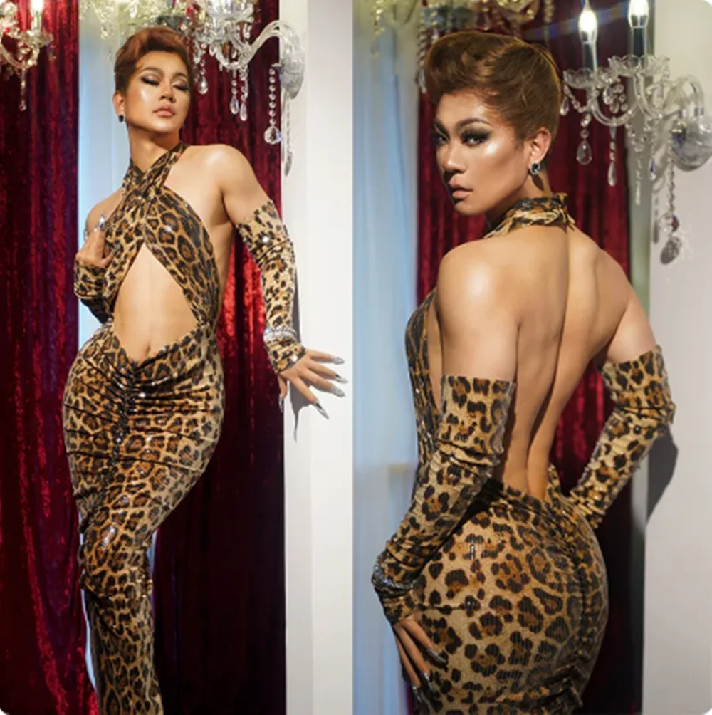 

Sexy Halter Leopard Evening Dresses Singer Performance Stage Costume Hollow Out Long Dress Drag Queen Clothes Rave Outfit