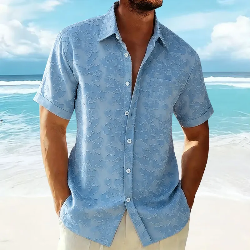 Casual Style Men's Short Sleeve Shirt Beachwear Worn-In Look Standard Fit Printed Polyester Blend Summer Season Basic Style