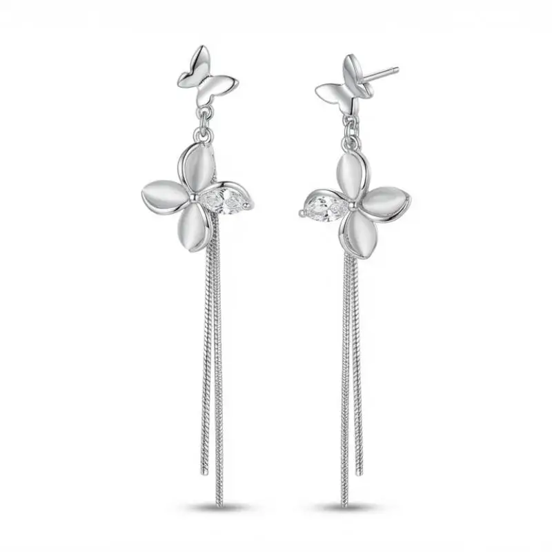 

MURMUR Sweet Butterfly Flower Drop Earrings Silver Tone Long Chain Tassel Cat Eye Jewelry