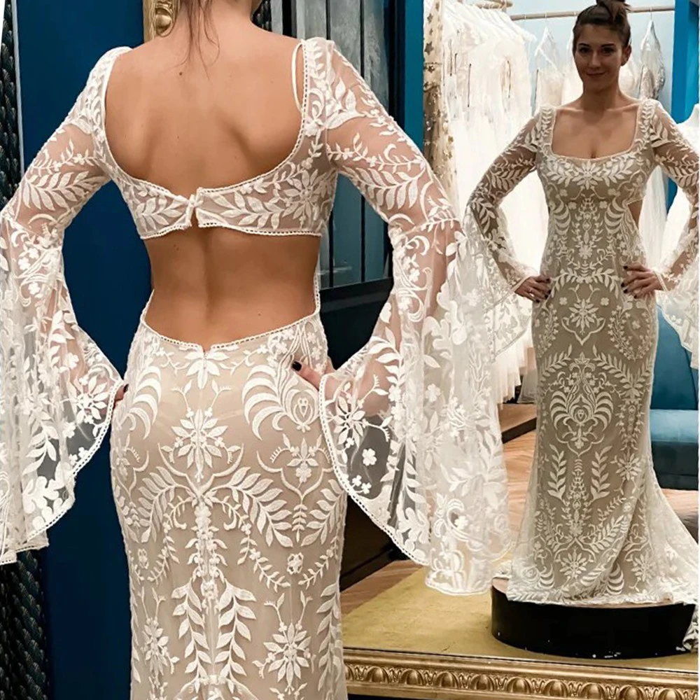 Backless Boho Wedding Dress Long Batwing Sleeves Lace Mermaid Bohemia Bride Dress 2025 Vestido de Novia Boda Civil Customized