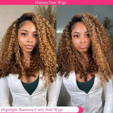 Highlight Burmese Curly Half Glueless Wigs Human Hair With Drawstring Colored 3 IN 1 Half Wigs Flip Over Burmese Curly Half Wigs